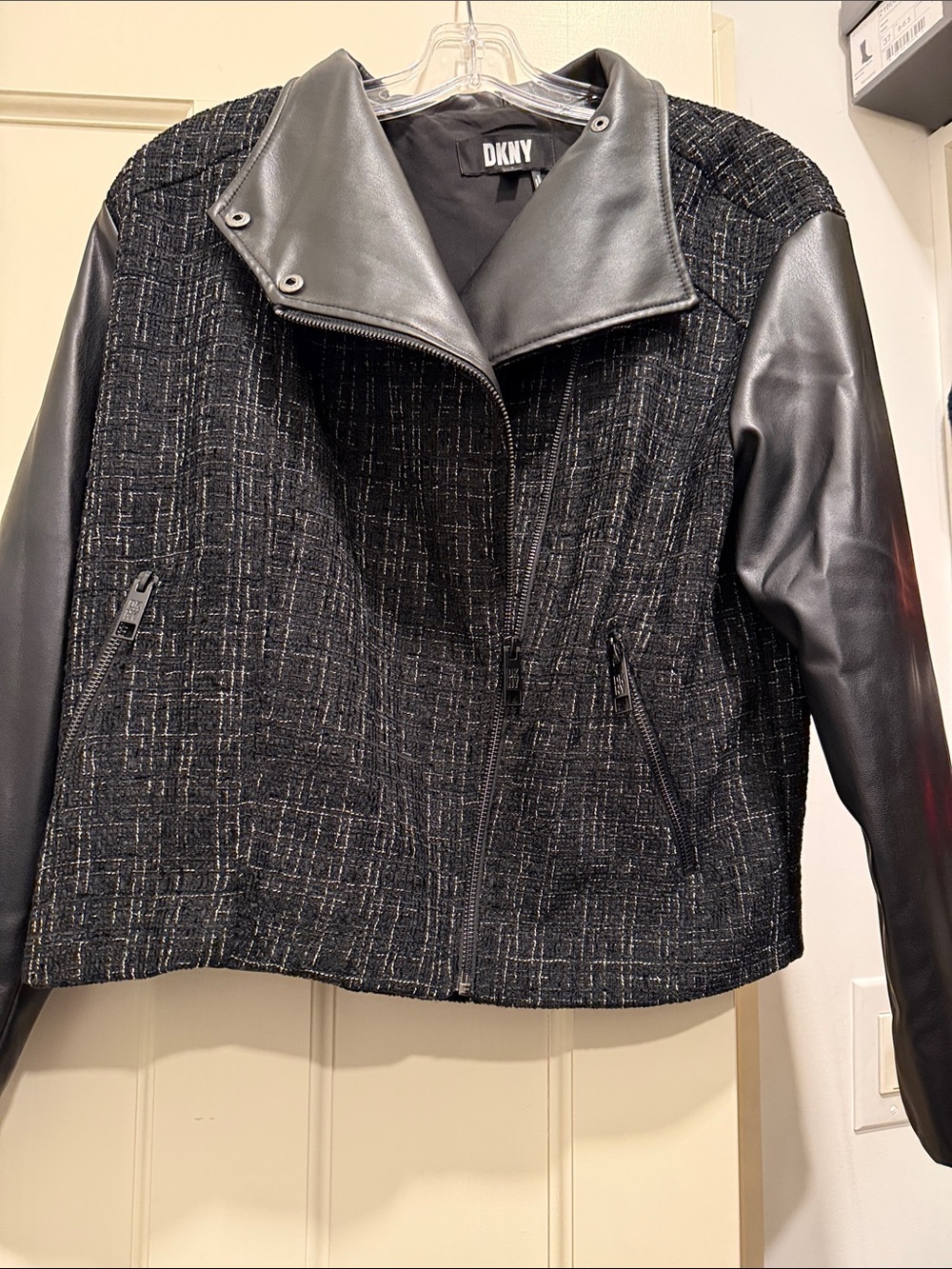 DKNY Black Tweed Jacket with Faux Leather Sleeves
